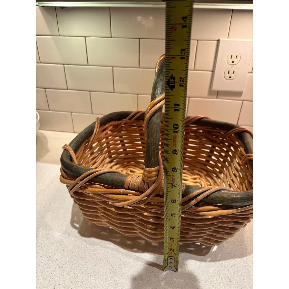 Vintage Woven Wicker Picnic Basket Two-Tone Green Handle Rectangular Farmhouse
